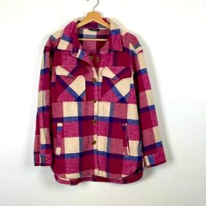Members Mark Womens M Plaid Shacket Long Sleeve Button Down 4 Pocket Pink Shirt